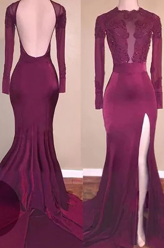 Mermaid Long Sleeves Applique Backless Prom Dresses, Long Split Evening Dresses cg4954 Mermaid Long Sleeves Applique Backless Prom Dresses, Long Split Evening Dresses cg4954