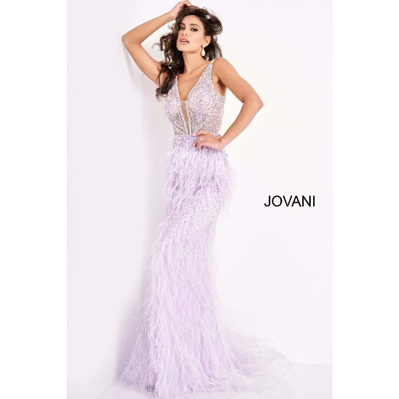 Jovani 03023 Sheer Embellished Bodice Feather Prom Dress