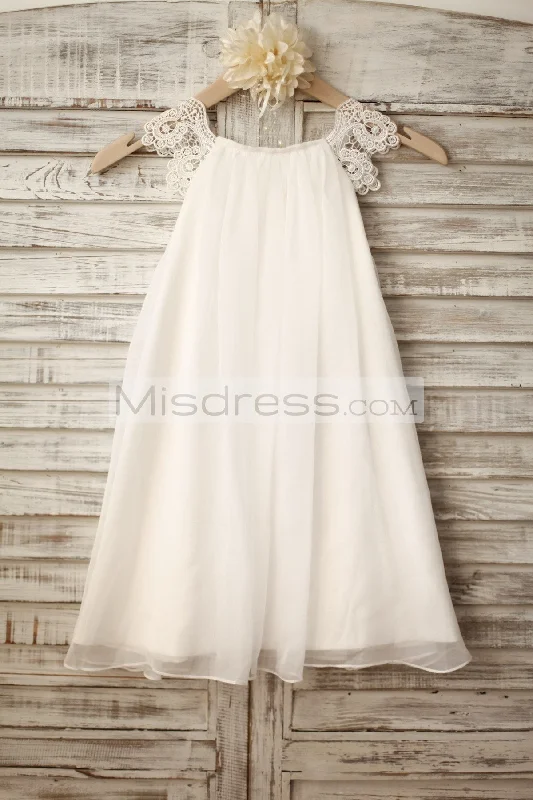 Lace Cap Sleeves Boho Beach Ivory Chiffon Flower Girl Dress