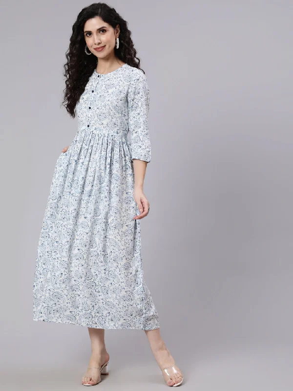 NOZ2TOZ Women White Ethnic Printed Flared Dress With Round Neck