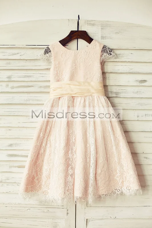 Blush Pink Satin Ivory Lace Cap Sleeves Flower Girl Dresses, Belt