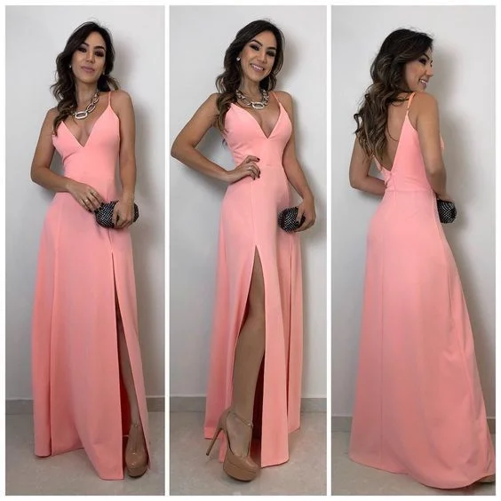 A-lien v neck pink long prom dress , open back prom dress with split  cg4629