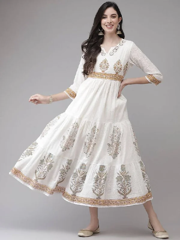 Yufta White Ethnic Printed Flared Dress