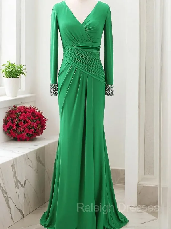 Sheath/Column V-neck Sweep Train Jersey Mother of the Bride Dresses With Ruffles
