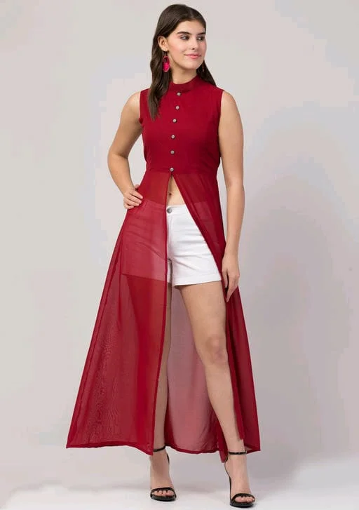 PAVONINE Maroon Color Shining Buttons Net Fabric Slit Dress For Women