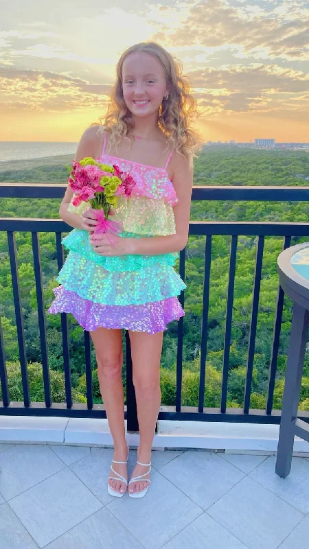 Women Shiny Sequin Sparkle Homecoming Dress Sleeveless Glitter Layered Rainbow Ruffle Dress Party Club Night Dress,Y2475 Women Shiny Sequin Sparkle Homecoming Dress Sleeveless Glitter Layered Rainbow Ruffle Dress Party Club Night Dress,Y2475