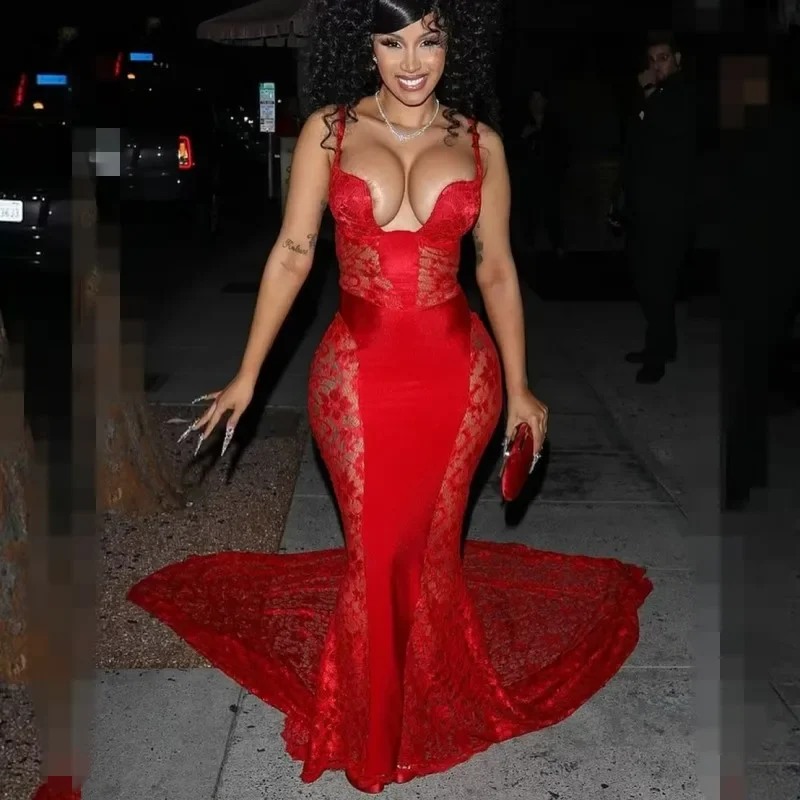 Sexy Red Prom Dresses For Black Girls 2024 Spaghetti Strap Lace Party Gowns African Women Mermaid Evening Dress Court Train Sexy Red Prom Dresses For Black Girls 2024 Spaghetti Strap Lace Party Gowns African Women Mermaid Evening Dress Court Train
