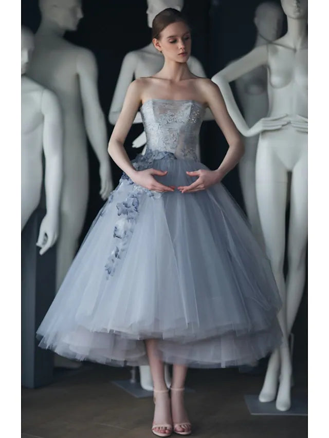 Ball Gown Prom Dresses Vintage Dress Graduation Tea Length Sleeveless Strapless Tulle with Appliques Tiered Ball Gown Prom Dresses Vintage Dress Graduation Tea Length Sleeveless Strapless Tulle with Appliques Tiered