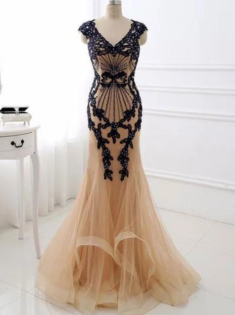 Champagne v neck lace applique mermaid long prom dress, champagne v neck evening dress, formal dress cg4744 Champagne v neck lace applique mermaid long prom dress, champagne v neck evening dress, formal dress cg4744