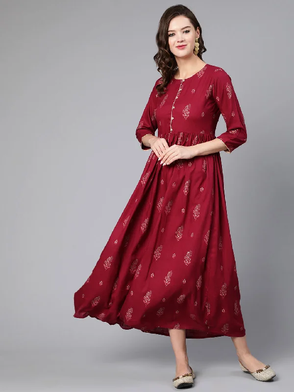 NOZ2TOZ Women Burgundy Printed Flared Dress With Three Quarter Sleeves