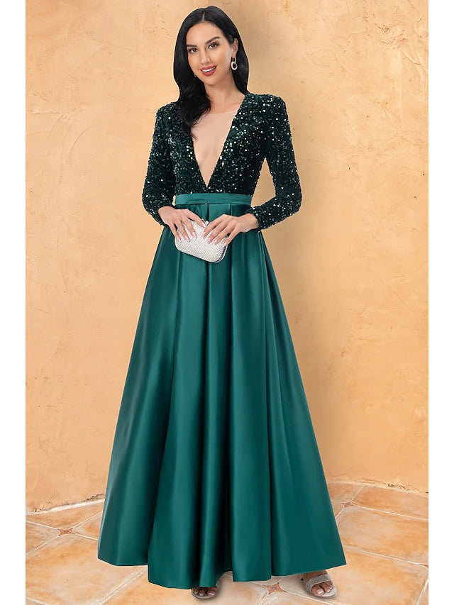 Ball Gown Cocktail Dresses Sparkle & Shine Dress Wedding Party Floor Length Long Sleeve V Neck Sequined with Sequin Ball Gown Cocktail Dresses Sparkle & Shine Dress Wedding Party Floor Length Long Sleeve V Neck Sequined with Sequin