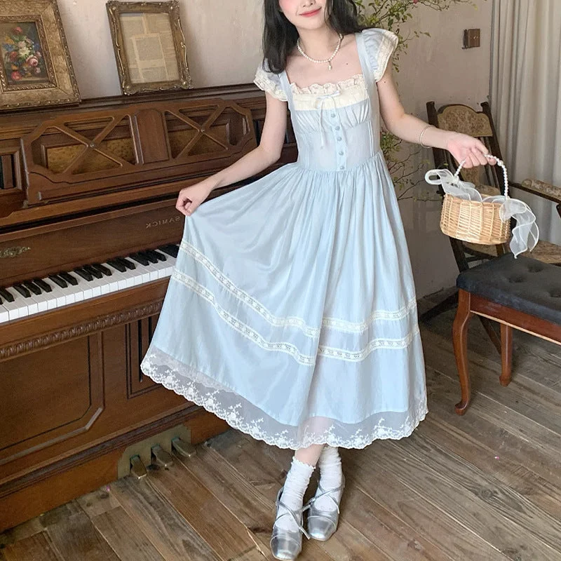 Pphmm pop culture dress to impress Summer New French Retro Fairy Small Flying Sleeve Lace Bow Blue One-Piece Dress for Women