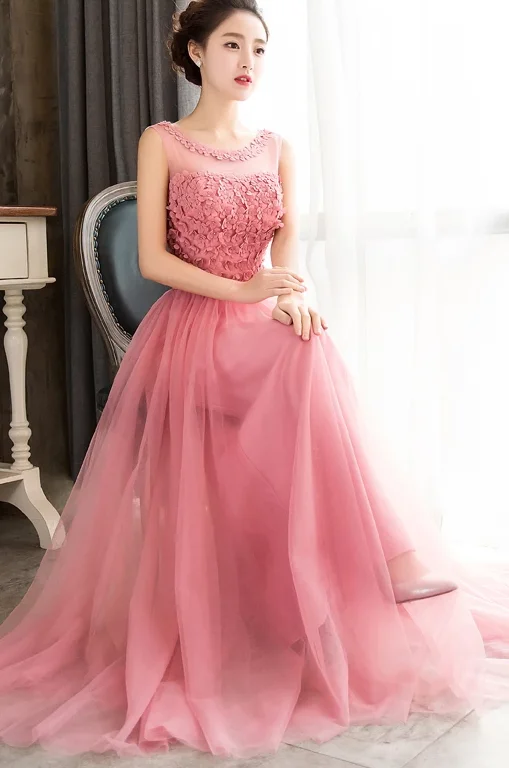 Pink Sleeveless Prom Dress with Flowers, A Line Floor Length Tulle Evening Dress cg4950 Pink Sleeveless Prom Dress with Flowers, A Line Floor Length Tulle Evening Dress cg4950