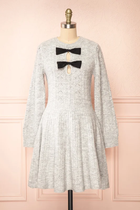 Calandra | Short Grey Wool Dress w/ Black Bows