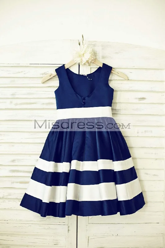 A-line Navy Blue Satin Ivory Stripes Flower Girl Dress, Belt