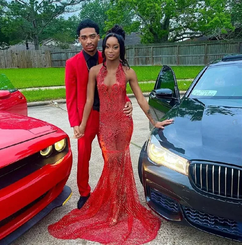 Sparkly Red long African Prom Dresses for Black Girl Gillter Luxury Diamond Crystal Sheer Mesh Evening Ceremony Gala Gown Sparkly Red long African Prom Dresses for Black Girl Gillter Luxury Diamond Crystal Sheer Mesh Evening Ceremony Gala Gown