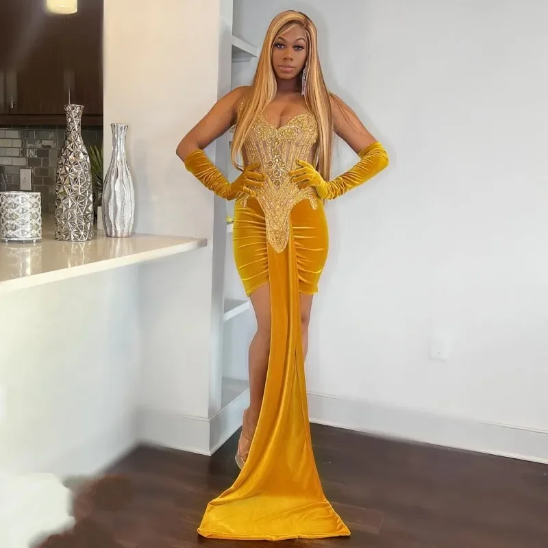 Short Gold Prom Dresses With Gloves Rhinestone Cocktail Party Gowns Beading African Women Birthday Outfit Short Gold Prom Dresses With Gloves Rhinestone Cocktail Party Gowns Beading African Women Birthday Outfit