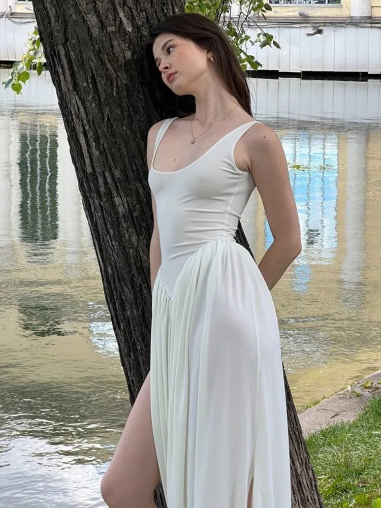 Elegant Sleeveless Elastic Tight Long Dress Women Fluffy Skirt Split Backless Evening Dress Slim Party Vacation Vestidos Elegant Sleeveless Elastic Tight Long Dress Women Fluffy Skirt Split Backless Evening Dress Slim Party Vacation Vestidos