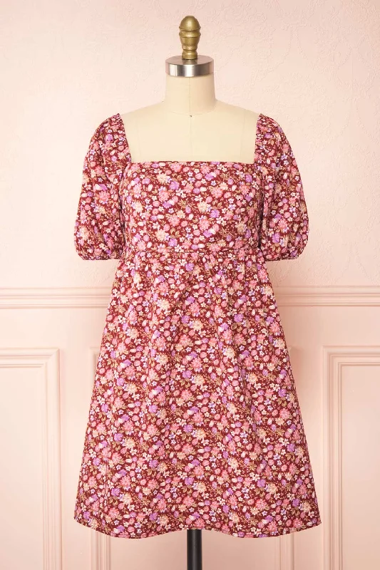 Caritas Burgundy | Short Floral Dress w/ Puffy Sleeves