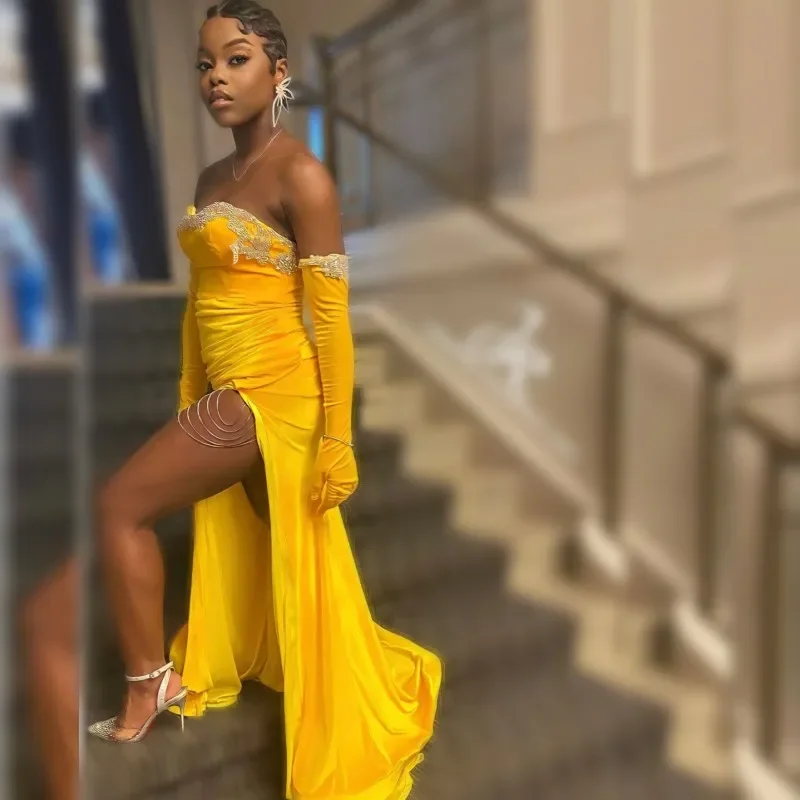 Yellow Prom Dresses For Black Girls 2024 Velvet Mermaid Party Gown Beading Evening Dress With Golves Vestidos De Festa Yellow Prom Dresses For Black Girls 2024 Velvet Mermaid Party Gown Beading Evening Dress With Golves Vestidos De Festa