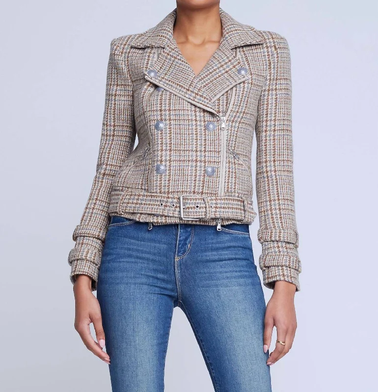 Billie Belted Jacket In Beige/blue Plaid