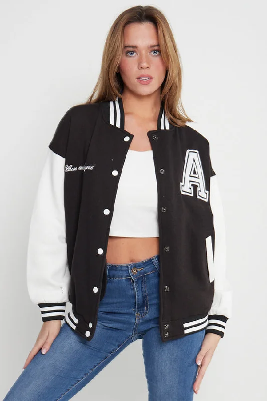 BLACK CONTRAST SLEEVE LETTER A UNISEX VARSITY JACKET