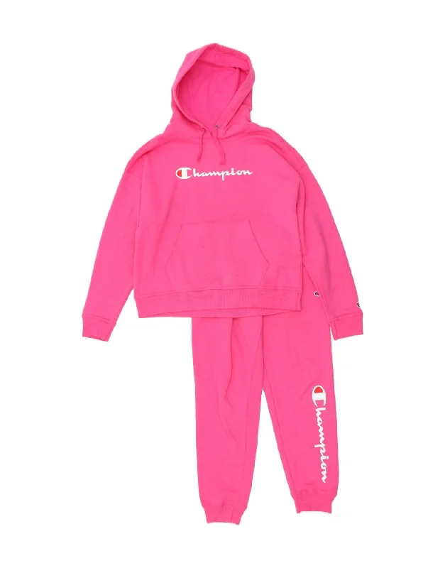 CHAMPION Womens Graphic Hooded Full Tracksuit UK 14 Medium Pink Cotton