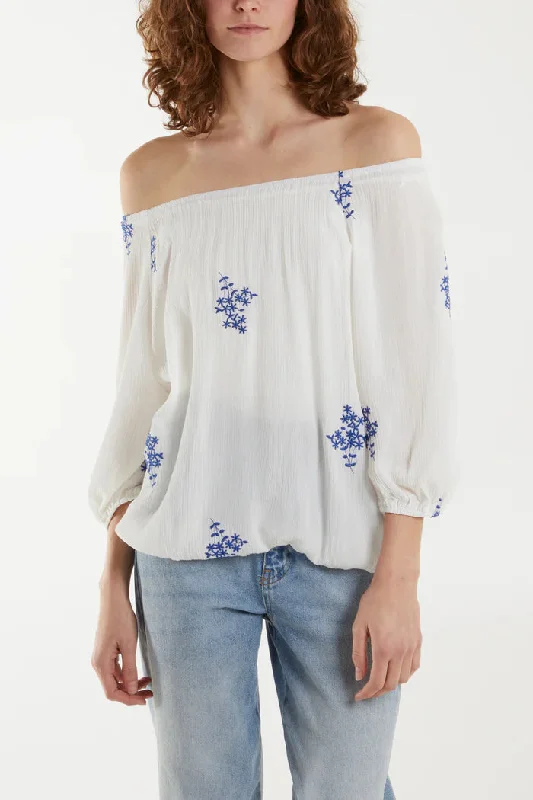 EMBROIDERED PUFFBALL BARDOT TOP