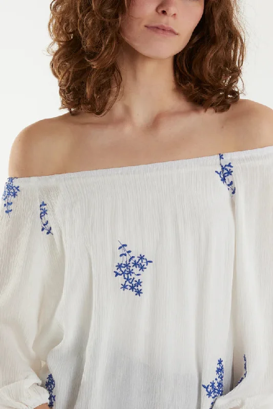 EMBROIDERED PUFFBALL BARDOT TOP