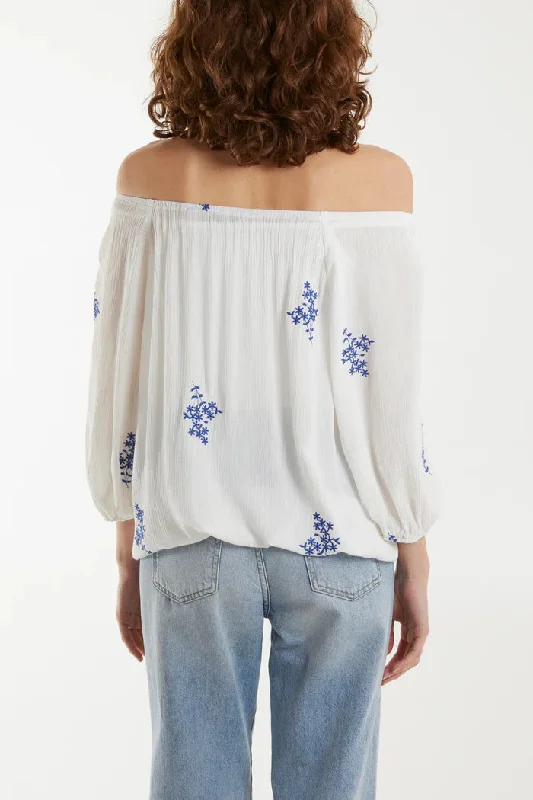 EMBROIDERED PUFFBALL BARDOT TOP