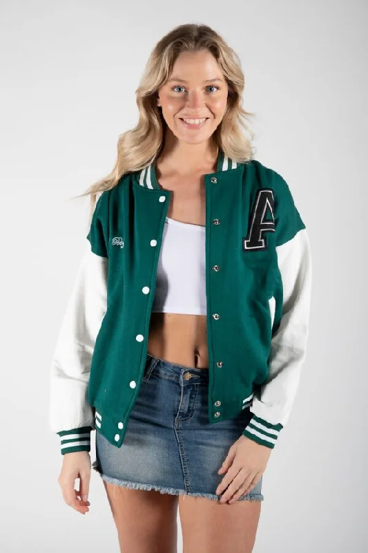 FOREST GREEN CONTRAST SLEEVE LETTER A UNISEX VARSITY JACKET