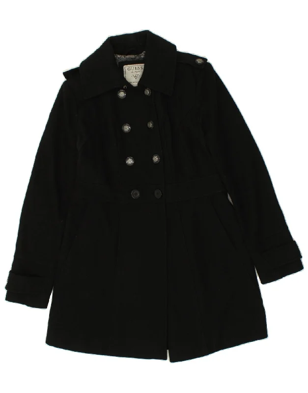 GUESS Womens Double Breasted Coat UK 12 Medium Black Wool