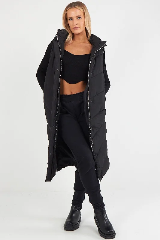 LADIES LONG PADDED HOODED VEST JACKET-BLACK