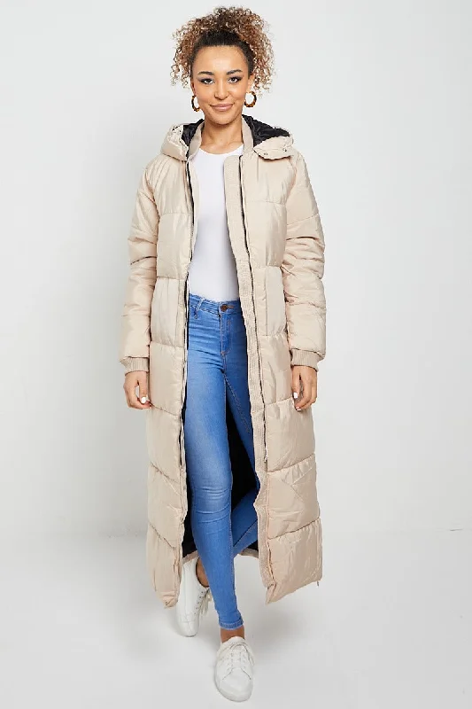 MAXI ZIP DETAIL PUFFER LONG JACKET-BEIGE