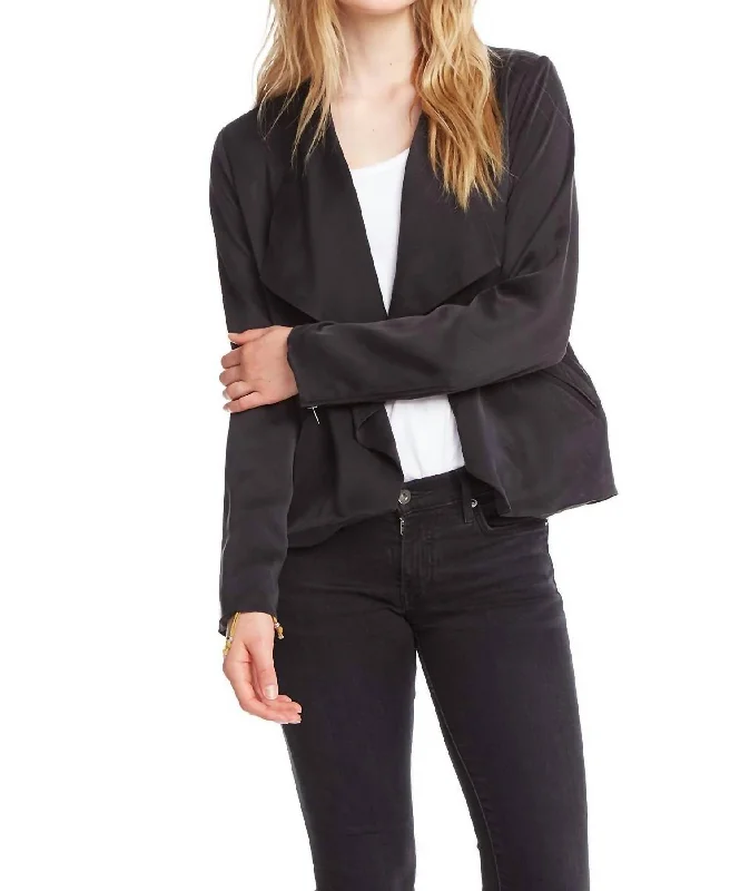 Open Front Collarless Jacket W Zippers In True Black