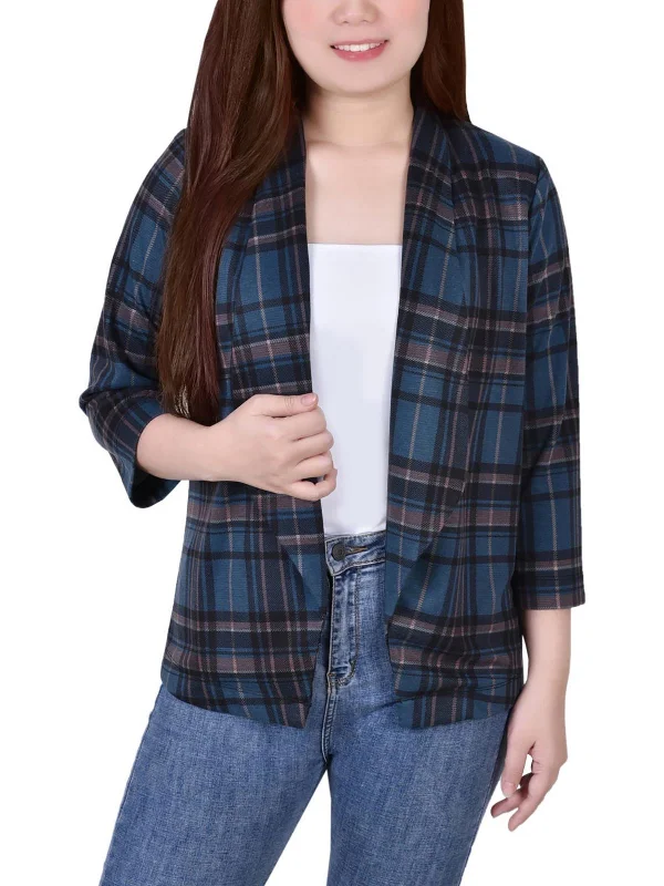 Petites Womens Plaid Layering Open-Front Blazer