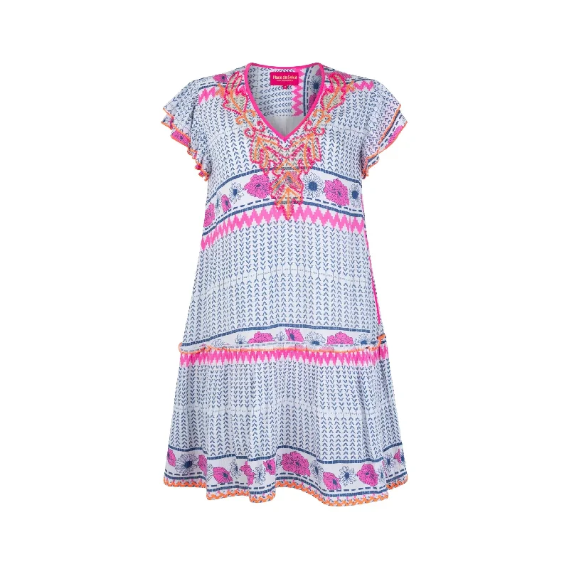 Place Du Soleil Ikat Blue & Pink Flowers Short Dress