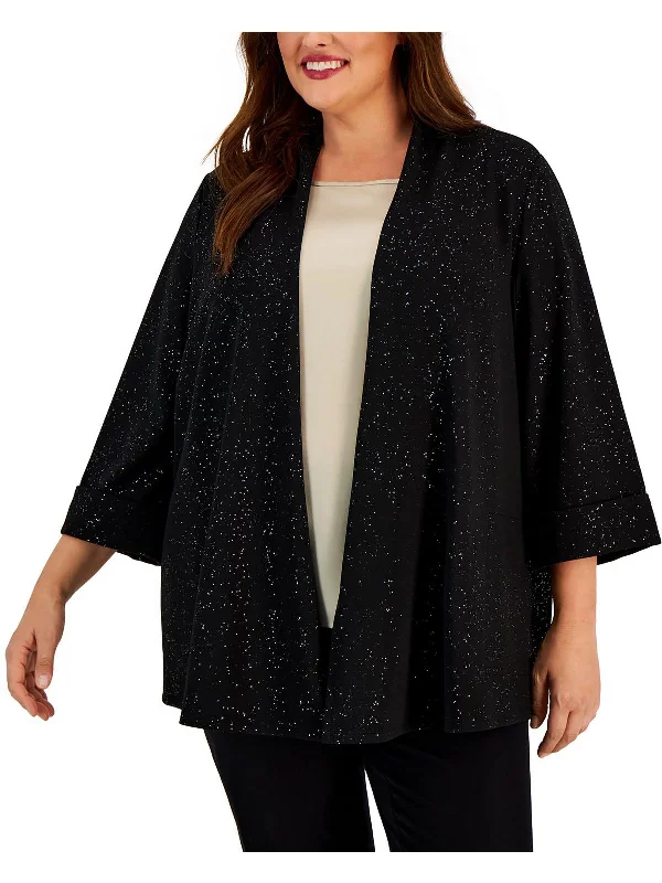 Plus Womens Knit Glitter Open-Front Blazer