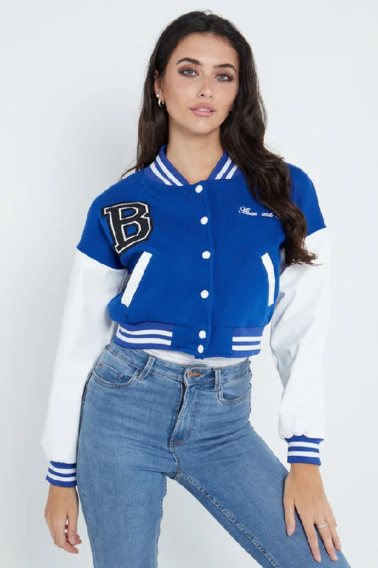 ROYAL BLUE VARSITY GRAPHIC FAUX LEATHER SLEEVE BOMBER JACKET