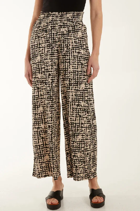 SHIRRED WAISTBAND WIDE LEG PRINTED TROUSERS