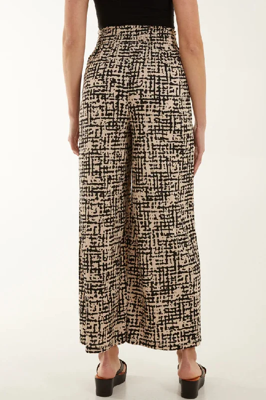 SHIRRED WAISTBAND WIDE LEG PRINTED TROUSERS