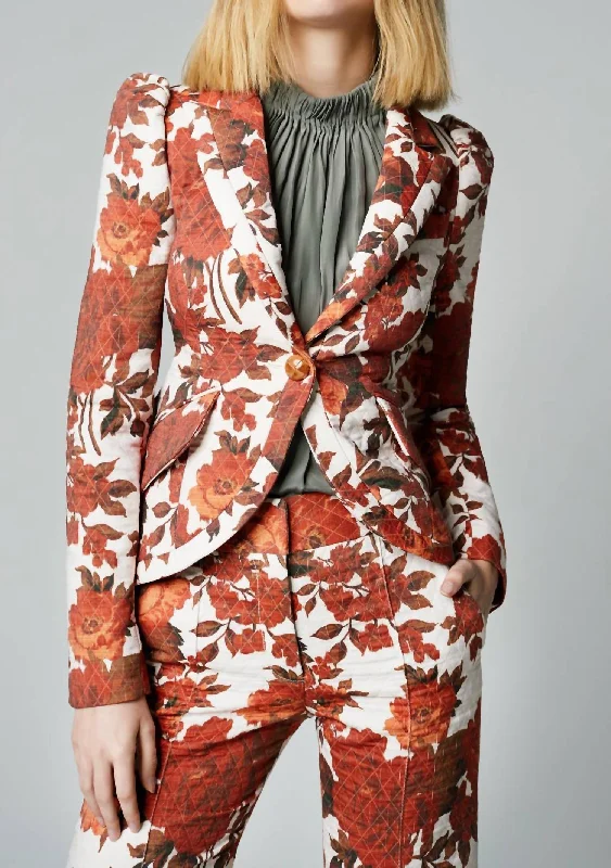 Taped Pouf Sleeve One Button Blazer In Rust Floral