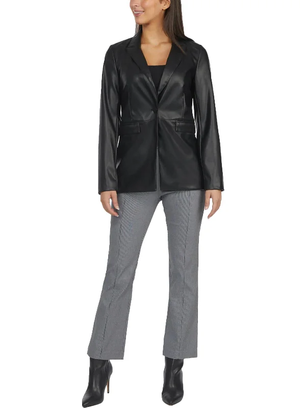 Womens Faux Leather Notch Collar One-Button Blazer