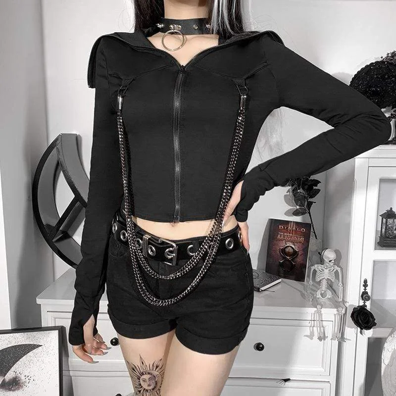 Women's Punk High Collar Zipper Jacket with Chain