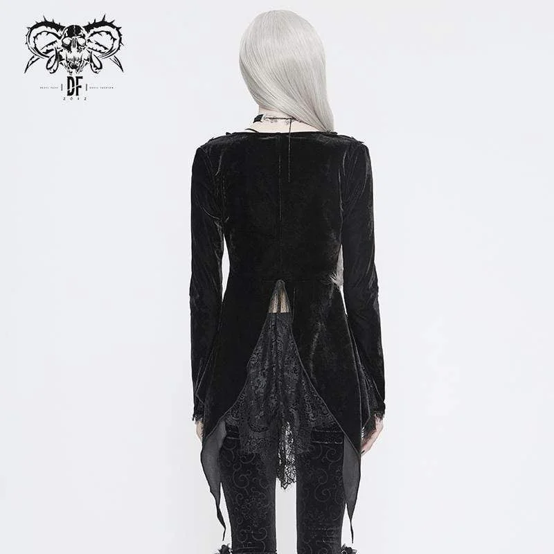 Women's Vintage Gothic Black Velvet and Delicate Lace Asymmetrical Jacket