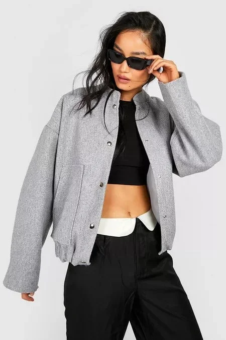 WOOL LOOK OVERSIZED BOMBER JACKET GREY