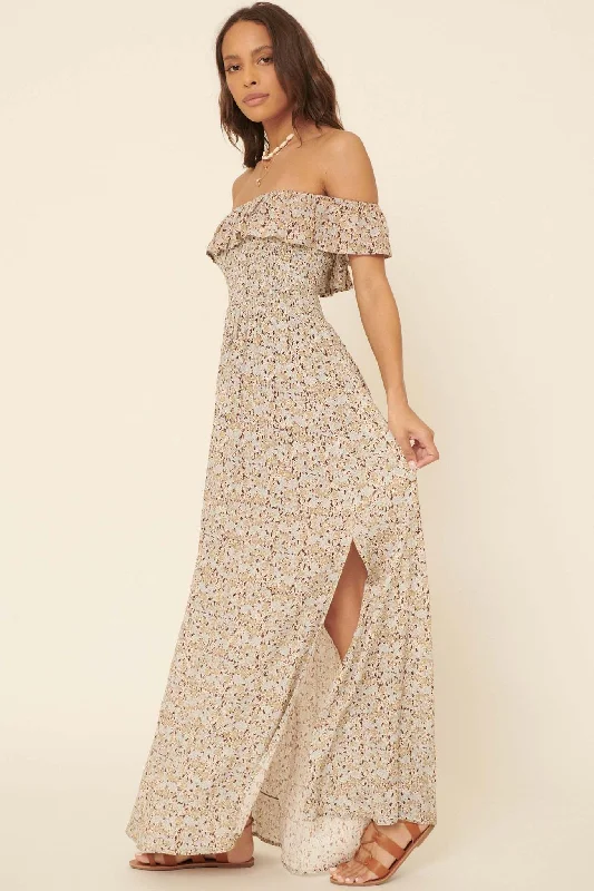 Butterfly Meadow Off-Shoulder Floral Maxi Dress