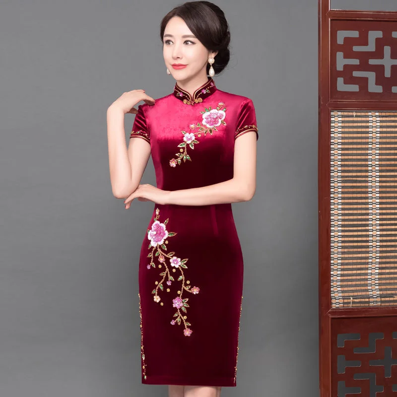 Cap Sleeve Knee Length Velvet Cheongsam Mother Dress