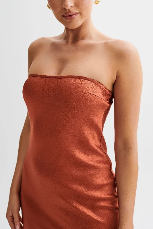 Claudette Strapless Satin Maxi Dress - Burnt Orange