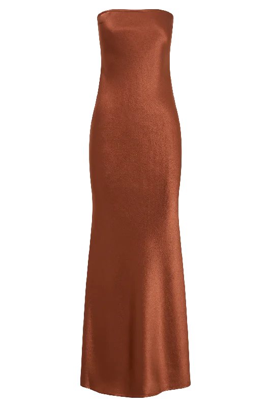 Claudette Strapless Satin Maxi Dress - Burnt Orange